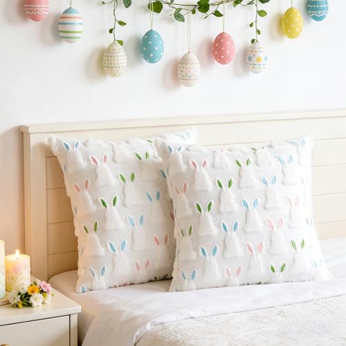 18x18 Inch Pillow Covers Set of 2 - Easter Bunny Plush Farmhouse Decor