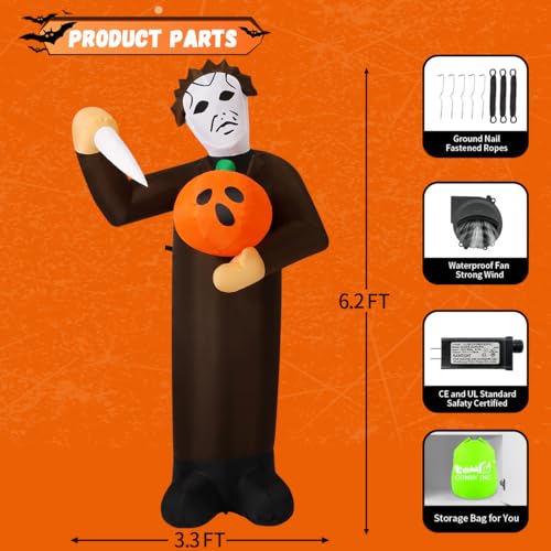 6FT Inflatable Halloween Pumpkin Killer Yard Decor with LED Lights - Outdoor & Indoor, Weather-Resistant