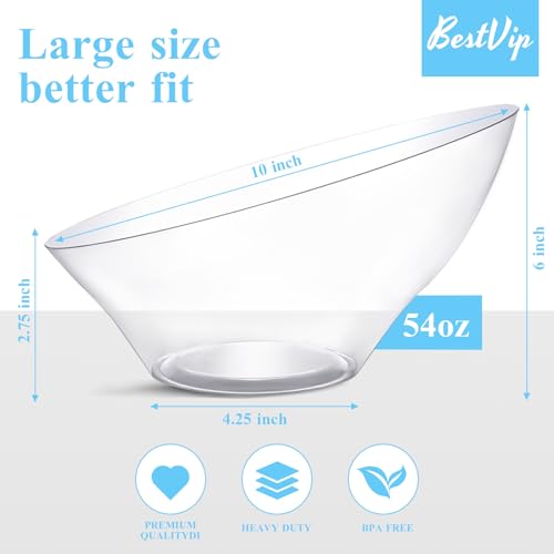 Clear Plastic Serving Bowls 54oz, 12 Pack - Angled Disposable Snack & Salad Bowls