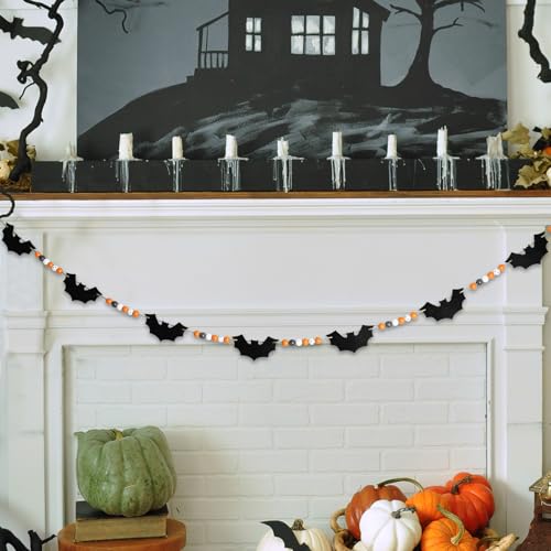 Halloween Bat Garland 5.6 Ft Wooden Beads & Felt Bats Rustic Decor