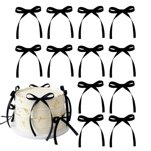 Black Bow Cake Toppers - 30 Pack Elegant Ribbon Decorations for Cakes & Cupcakes - Variation: Black