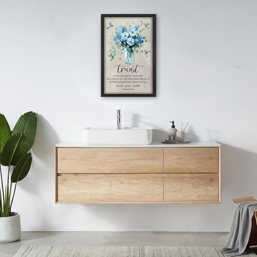 Framed Scripture Proverbs Wall Art Canvas - Trust in the Lord 24x16 with Flower Variation