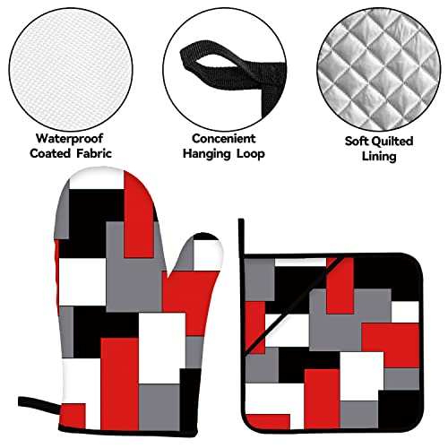 Red Geometric Oven Mitts and Pot Holders Set - Heat-Resistant Kitchen Accessories