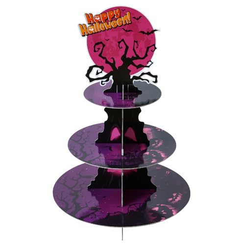 Halloween 3-Tier Cupcake Stand with Red Moon and Tree Design - Horror Theme Dessert Tower