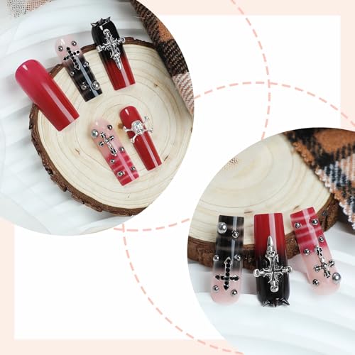 MISUD Long Square Press On Nails with Cross Design - Goth Red Black, 24 pcs + Glue - Variation 020A00Red&Black