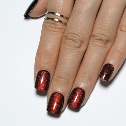 Short Wine Red Cat Eye Press On Nails with Color-Shifting Glow - M05 Crimson Spell
