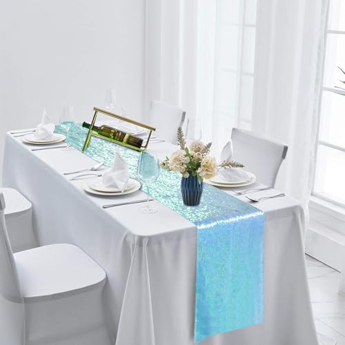 Mermaid Blue Sequin Table Runner 12x108 Inches for Party Decorations - 2 Pack