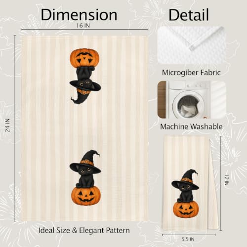 Halloween Witchy Black Cat Pumpkin Kitchen Hand Towels 16x24 Inch - Variation of Black Cat