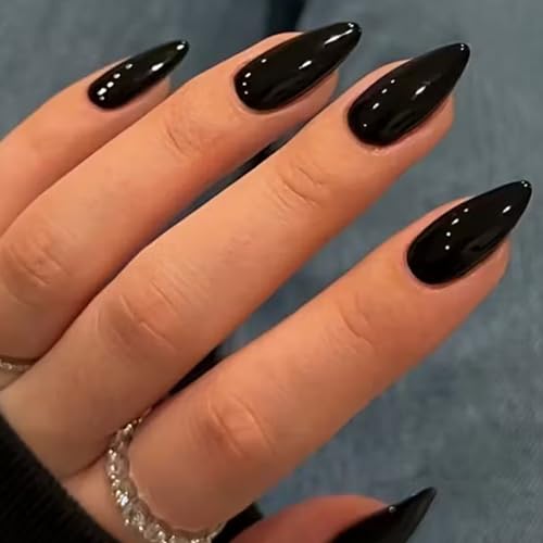 Obsidian Gloss Soft Gel Press-On Nails - 32 Pcs Reusable Black Almond False Nails for DIY Manicure