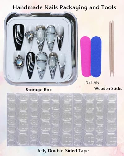 Cyber Goth Black & White Almond Stiletto Press-On Nails with Rhinestones - A70 / S