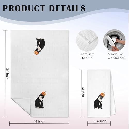 Fall Tuxedo Cat Pumpkin Hand Dish Towels Set of 2 - Halloween Kitchen Decor