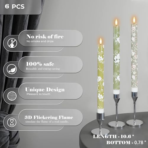 Green Flameless Taper Candles with Remote Timer 10 Inch - 6 Pack with Variation 10.5FT Floral Green