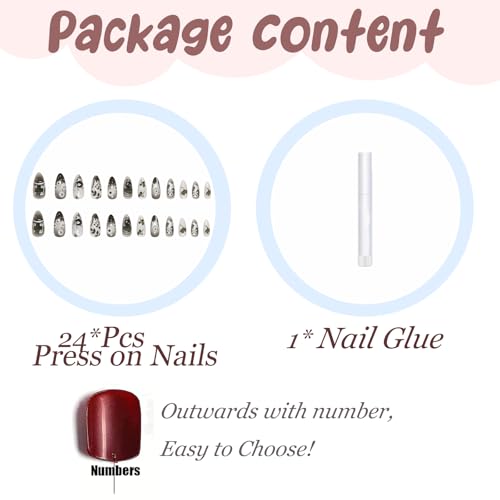 BABALAL Medium Almond Press-On Nails - Black Gothic Ghost Decvil Punk 24Pcs with Nail Glue - Variation BFNZ002