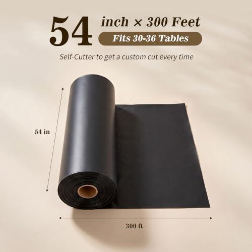 Disposable Plastic Table Cover Roll 54 x 300 ft with Cutter Box - Black, Rectangular 15.2 x 5.5 inches