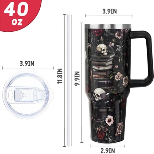 40oz Gothic Skull Rose Tumbler for Book Lovers Insulated Travel Mug - Black
