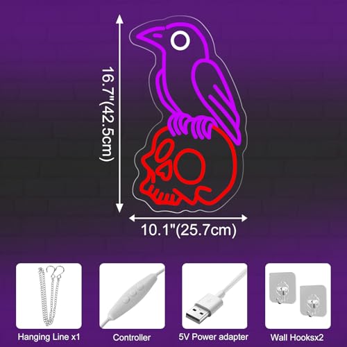 Gothic Raven on Skull Neon Sign - Purple & Red Skeleton LED Wall Light - Variation of Raven Skull-Purple Red