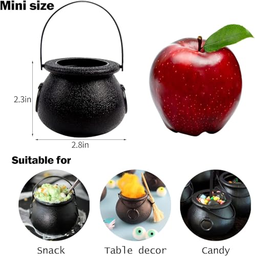 Mini Plastic Cauldrons for Halloween & Party Favors - 24 Pack Small Black Buckets with Handles