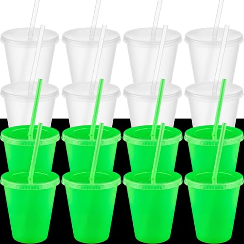 Glow in the Dark Halloween Cups - 15 Pack 12 oz Fluorescent Green Drinkware with Lids & Straws