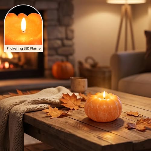 Flameless Pumpkin Candle - Orange Fall Decor, Real Wax Texture, Remote Control
