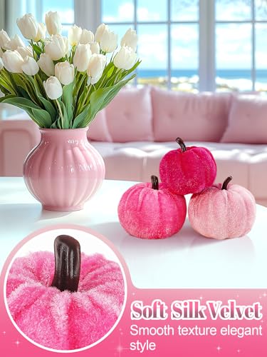 Pink Velvet Pumpkins Fall Halloween Decor - 12 Pcs Multi Pink - 3 Sizes