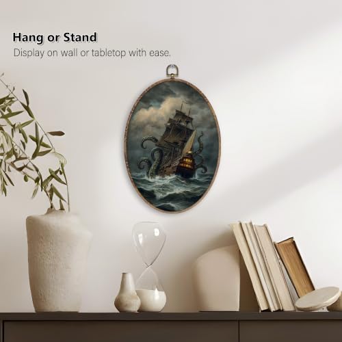 Nautical Octopus Pirate Ship Wall Art - Oval Canvas Decor for Kids & Home