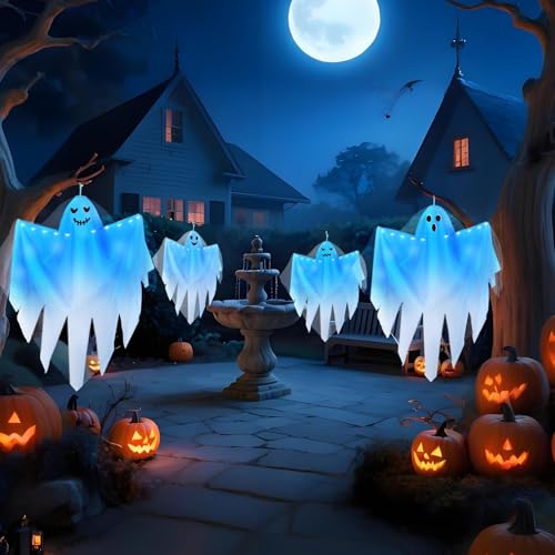 Halloween Hanging Ghost Lights Set - White Ghosts with Blue Light, 4 Pack Outdoor Decor