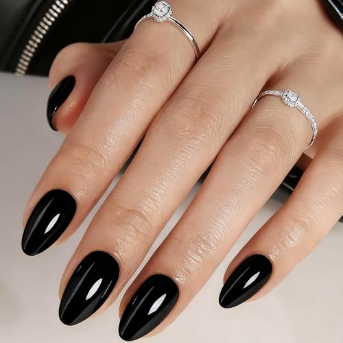 Black Short Almond Press-On Nails - Glossy Fake Nail Set with Variations A-Black1