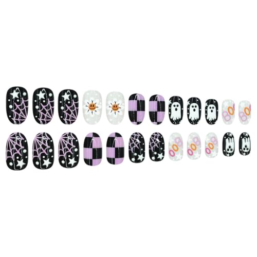 Halloween Press On Nails Short Oval Ghost & Spider Web Style-12