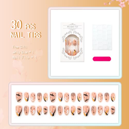 Halloween Almond Press On Nails Short Acrylic Fake Nails - 30Pcs Nude - Variation 024