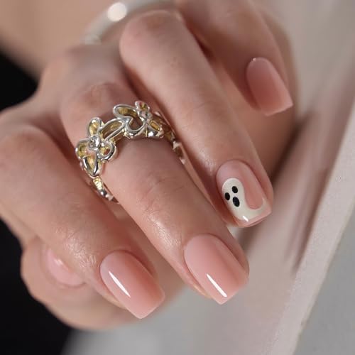 CurvLife Short Square Glow-in-the-Dark Press On Nails - Marshmallow Ghost