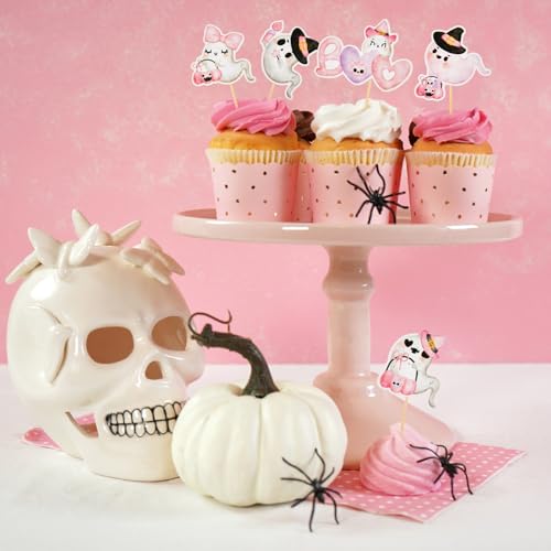 Pink Halloween Ghost Cupcake Toppers - 36 Pcs, Ready to Use, Party Decor