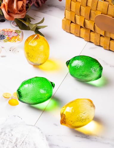 Glass Lemon Figurine Set - 2 Inches, Green and Yellow Collectible Decorations - Variation 2