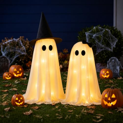 LED Halloween Ghost Decorations 2-Pack Indoor Light Up Ghosts with Soft Polyester