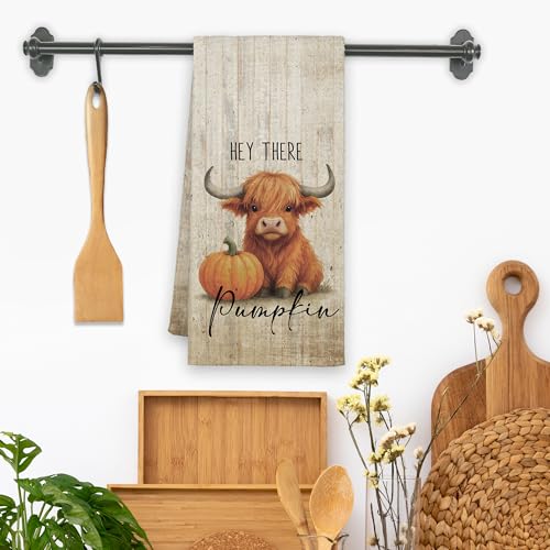 Fall Highland Cow Pumpkin Kitchen Towels - Farmhouse Dish Hand Towel, 16x24in, Cow Variation