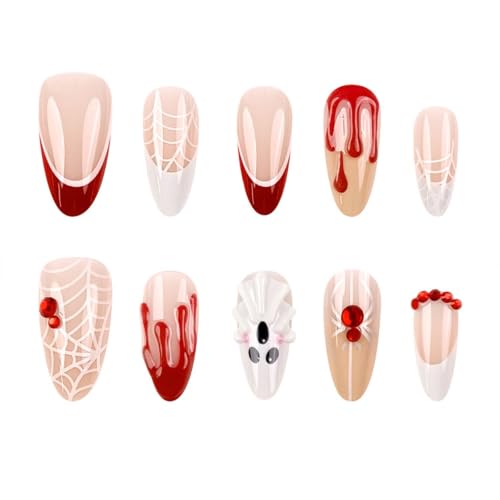 Halloween Press On Nails Almond Medium Set with 3D Ghost Spider Web Rhinestones - Variation 22