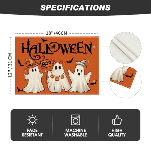 Halloween Placemats Set of 4 - Orange Ghost Boo 12x18 Inches Rectangular