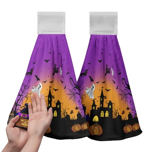 Halloween Pumpkin Castle Hanging Kitchen Towels 2 Pcs Spooky Ghost Bat Hand Towels