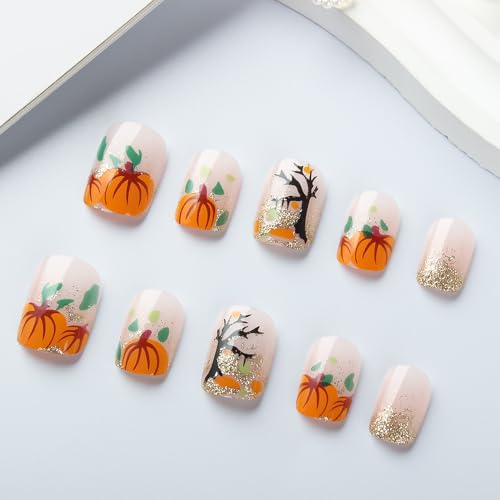 Halloween Press On Nails Short Square with Pumpkin Leaves Glitter - Variation W11