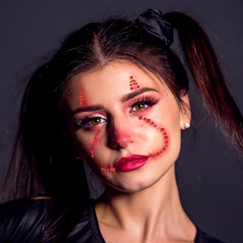Self-Adhesive Face Gems Set for Halloween & Festivals - 5 Sheets Red & White Rhinestones for Body & Face Makeup