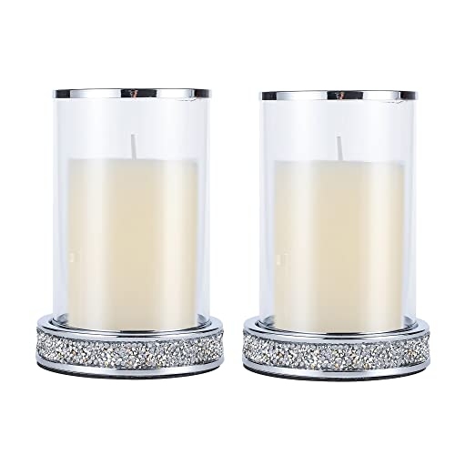 Silver Rhinestone Candle Holder Set of 2 - Elegant Glass & Metal Pillar Candle Holders