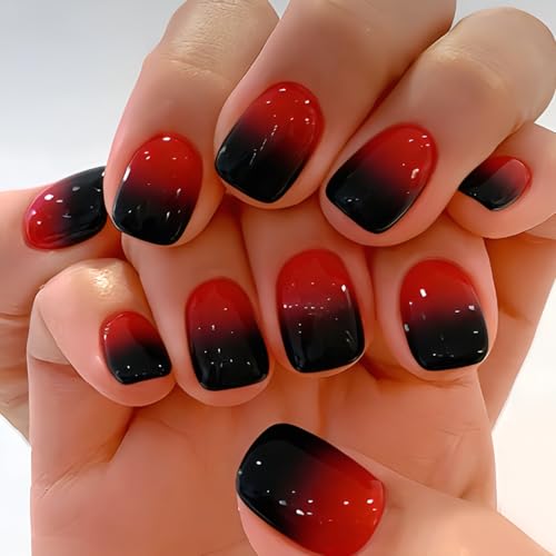 Black Red Gradient Short Square Press-On Nails Set - Reusable Glossy Fake Nails for Women, 24 Pieces - Variation 2