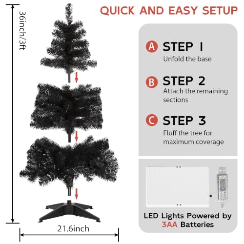 Black 3ft Artificial Christmas Tree with RGB Lights - Halloween & Holiday Decor