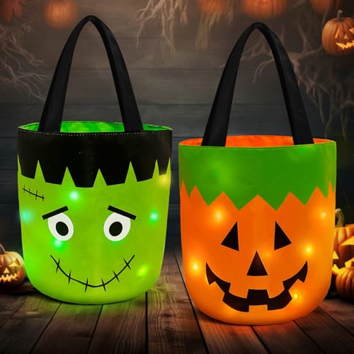Halloween Candy Buckets with LED Lights - 2 Pack, Orange & Green Trick or Treat Baskets