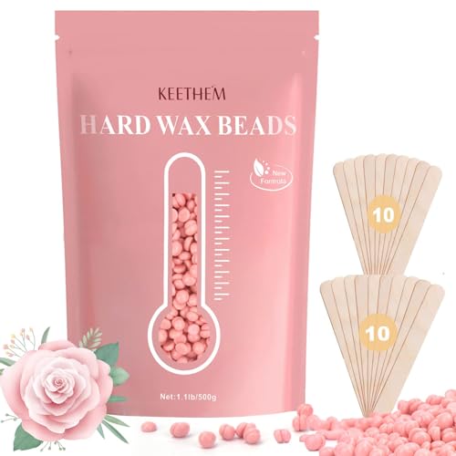 Keethem Hard Wax Beads for Sensitive Skin - Rose, 1.1lb Full Body Waxing Kit with 20 Sticks