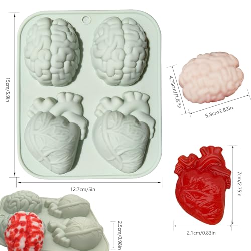 Halloween Brain Heart Silicone Mold - 2 Pack for Cookies, Cakes, Candles