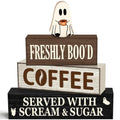 Halloween Ghost Coffee Farmhouse Decor Set - Oat Variation, Wooden Tabletop Decorations