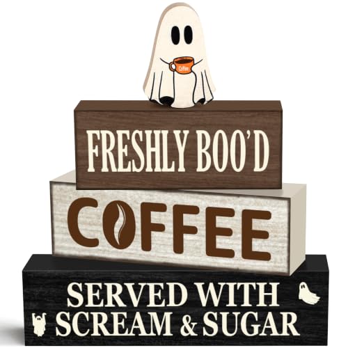 Halloween Ghost Coffee Farmhouse Decor Set - Oat Variation, Wooden Tabletop Decorations