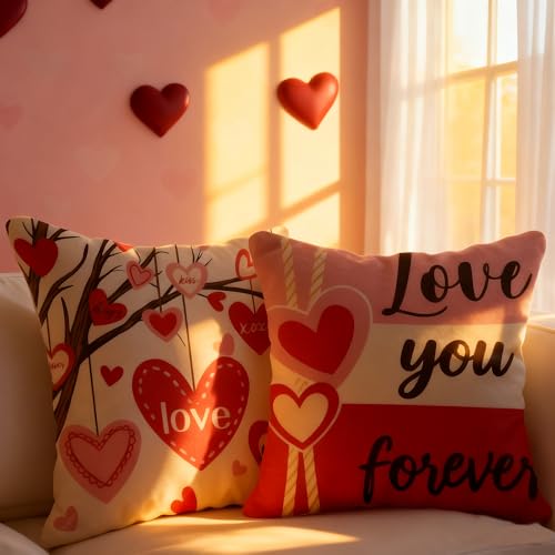 Red Valentine's Day Pillow Covers 18x18 Inch Heart Throw Pillow Cases - Indoor Outdoor Decor