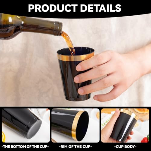 200 Pack Black Plastic Cups 10 oz with Gold Rim - Disposable Party Cups