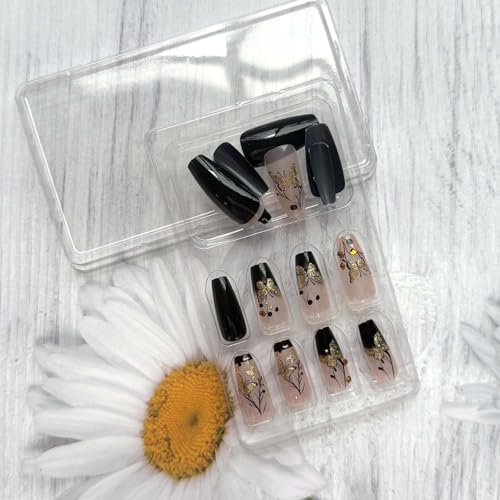 Press on Nails Long Coffin Shape French Gradient with Gold Glitter Butterfly Pattern - Variation 13
